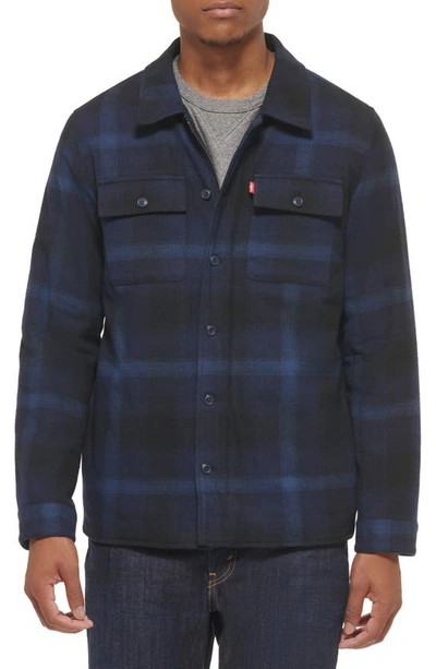 Levi's Quilt Lined Cotton Shacket In Navy Ombre Plaid
