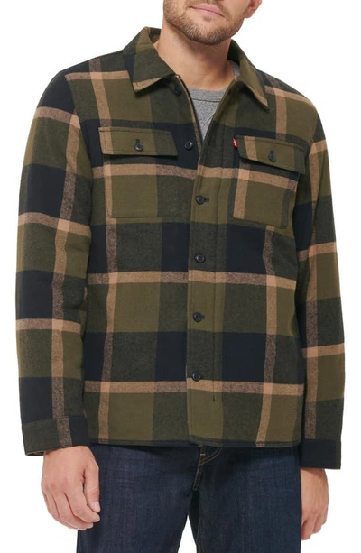 Levi's Quilt Lined Cotton Shacket In Olive Skater Plaid