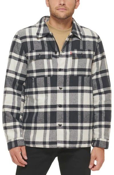 Levi's Quilt Lined Cotton Shacket In Cream / Navy Woodsman Plaid