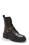 Tod's Lionshead Buckle Leather Combat Boots In Negro