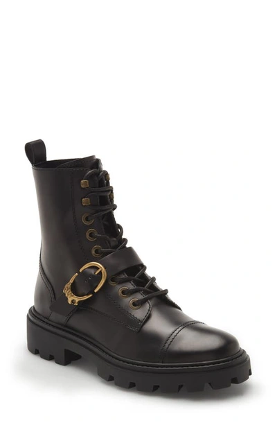 Tod's Lionshead Buckle Leather Combat Boots In Negro