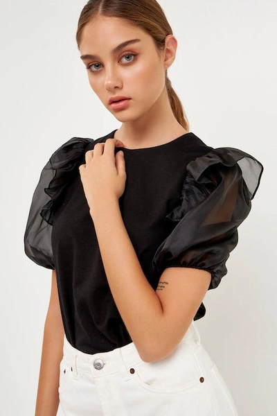 English Factory Mixed Media Organza Ruffle Puff Sleeve Top In Black