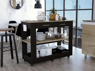 Fm Furniture Brooklyn 80 Kitchen Island, Two Shelves, Two Drawers In Black