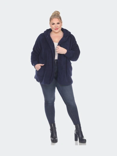 White Mark Plus Size Plush Hooded Cardigan Jacket With Pockets In Blue