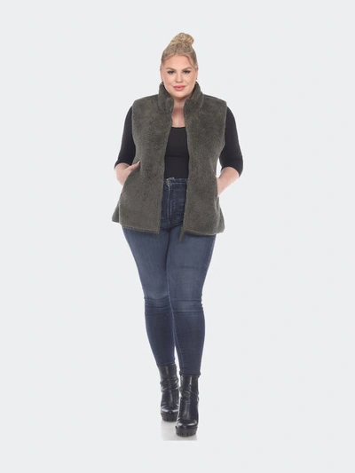 White Mark Plus Size Women's Zip Up Sherpa Vest Jacket In Army Green