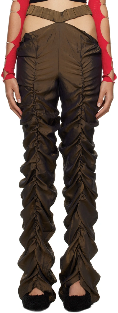 Rui Brown Pleated Cutout Trousers In Metallic Chocolate
