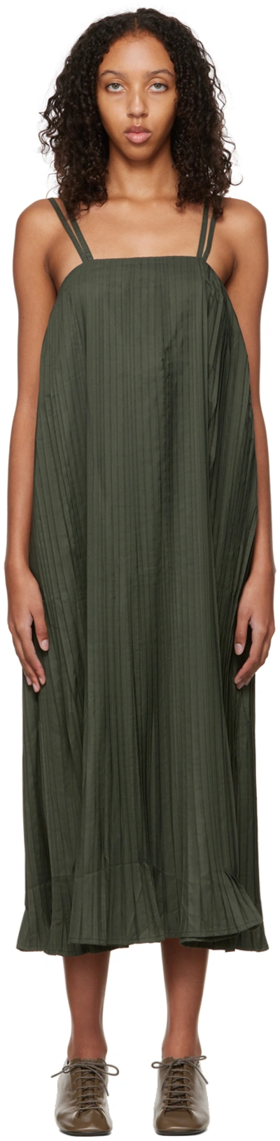 Deveaux Khaki Pleated Midi Dress In Pine