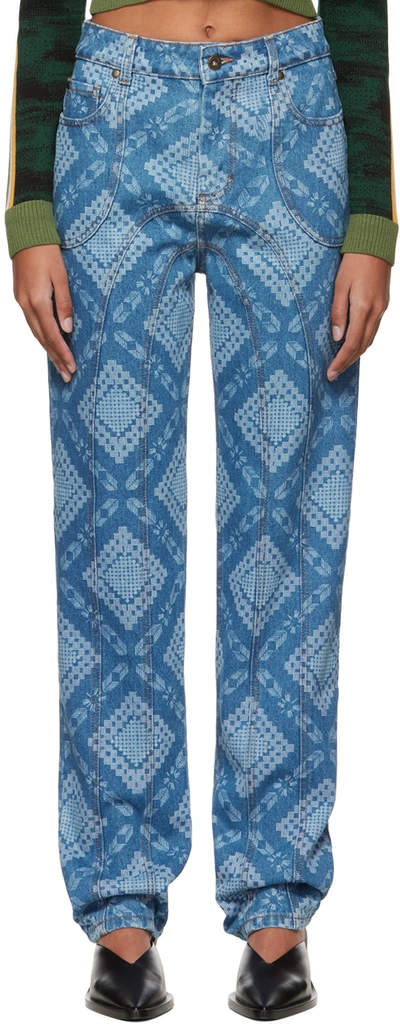 Ahluwalia Gifty Printed Straight-leg Curved-seam Jeans In Mid Indigo