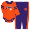 Outerstuff Infant Orange/purple Clemson Tigers Little Kicker Long Sleeve Bodysuit And Sweatpants Set In Orange
