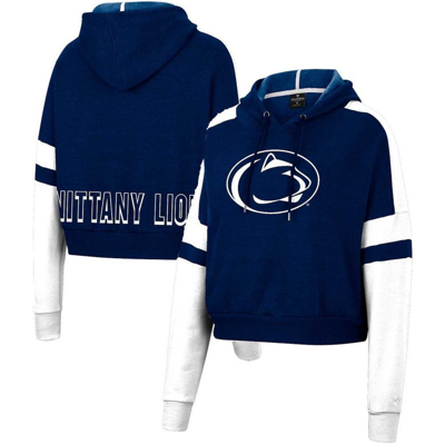 Colosseum Heather Navy Penn State Nittany Lions Throwback Stripe Arch Logo Cropped Pullover Hoodie