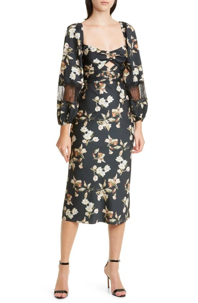 Sachin & Babi Amara Printed Satin Crepe Cut-out Midi-dress In Black