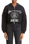 Amiri Hybrid Denim & Terry Graphic Zip Crop Hoodie In Satin Black Black