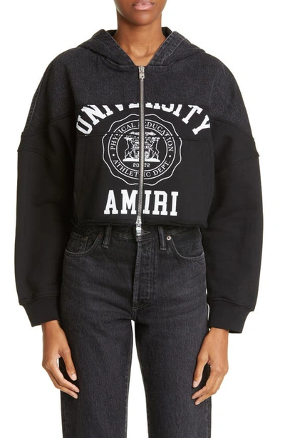 Amiri Hybrid Denim & Terry Graphic Zip Crop Hoodie In Satin Black Black