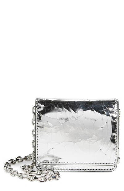 Maison Margiela Small Bianchetto Painted Leather Wallet On A Chain In Silver/ Black
