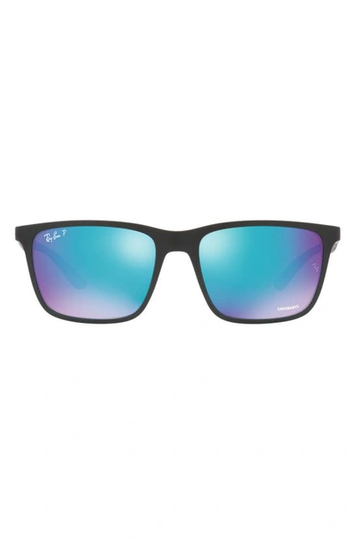Ray Ban 58mm Mirrored Polarized Rectangular Sunglasses In Matte Black