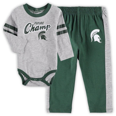 Outerstuff Babies' Newborn & Infant Green/heathered Gray Michigan State Spartans Little Kicker Long Sleeve Bodysuit & S In Green,heathered Gray