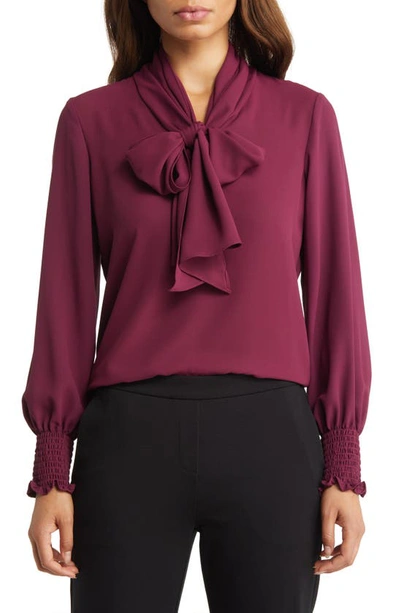 Anne Klein Smocked Cuff Bow Blouse In Chianti