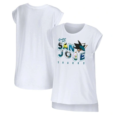 WEAR BY ERIN ANDREWS WEAR BY ERIN ANDREWS WHITE SAN JOSE SHARKS GREETINGS FROM MUSCLE T-SHIRT