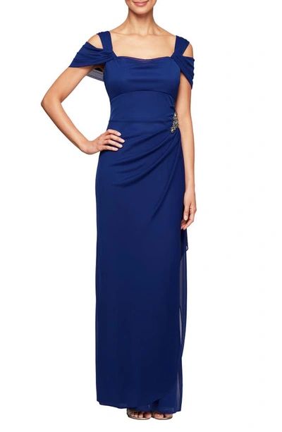 Alex Evenings Embellished Cold Shoulder Column Gown In Electric Blue