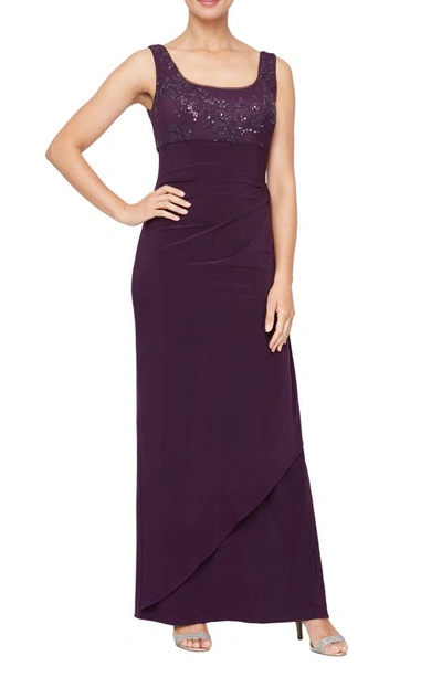 Alex Evenings Embroidered Empire Gown With Jacket In Eggplant