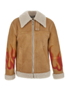 Palm Angels Burning Flame Print Genuine Shearling Jacket In Beige