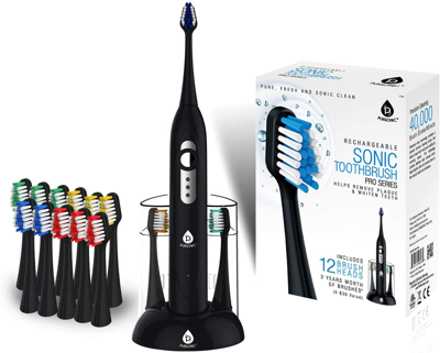 Pursonic Smartseries Electronic Power Rechargeable Sonic Toothbrush With 40,000 Strokes Per Minute, 12 Brush In Black
