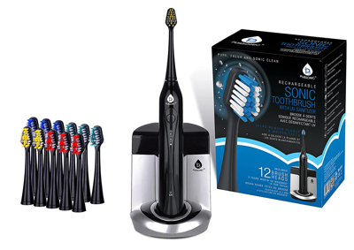 Pursonic Deluxe Plus Sonic Rechargeable Toothbrush With Built In Uv Sanitizer And Bonus 12 Brush Heads Includ In Black