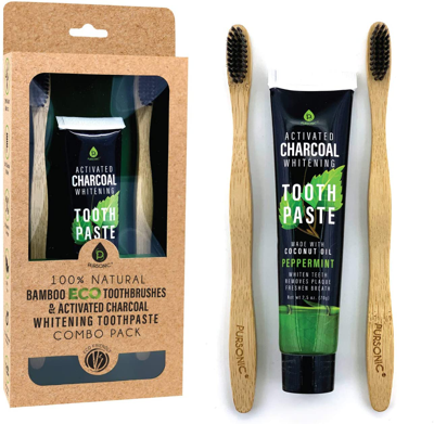 Pursonic 100% Natural Eco Soft Bristles Bamboo Toothbrushes & Charcoal Whitening Toothpaste Set, Whitens & Re In Grey