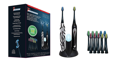 Pursonic Dual Handle Rechargeable Sonic Toothbrush With Uv Sanitizer,12 Brush Heads, Black & Zebra