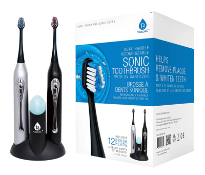 Pursonic Dual Handle Rechargeable Sonic Toothbrush With Uv Sanitizer,12 Brush Heads, Black &silver