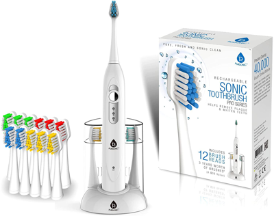 Pursonic Smartseries Electronic Power Rechargeable Sonic Toothbrush With 40,000 Strokes Per Minute, 12 Brush In White