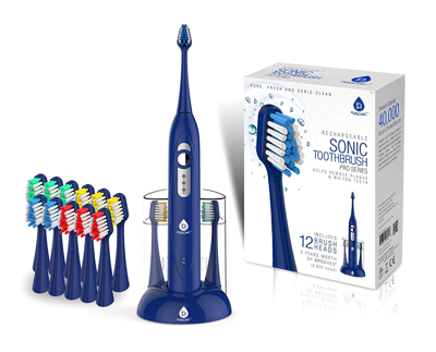 Pursonic Smartseries Electronic Power Rechargeable Sonic Toothbrush With 40,000 Strokes Per Minute, 12 Brush In Blue
