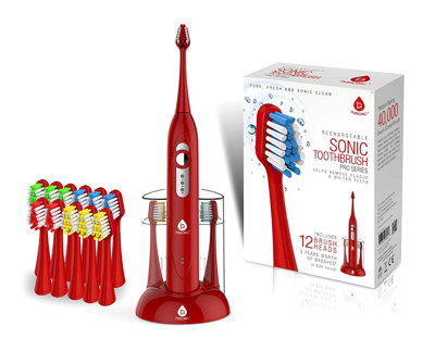 Pursonic Smartseries Electronic Power Rechargeable Sonic Toothbrush With 40,000 Strokes Per Minute, 12 Brush In Red