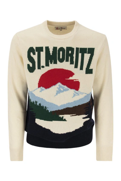 Mc2 Saint Barth Ivory Wool Blend Jacquard Postcard Heron Sweater In Multi