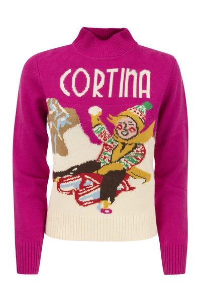 Mc2 Saint Barth Wool And Cashmere Blend Jumper With Vintage Postcard Print In Purple