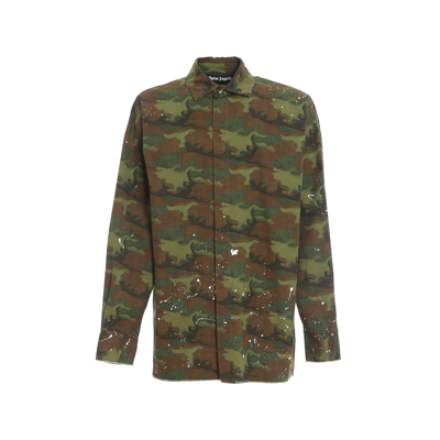 Palm Angels Camouflage Paint Splatter Shirt Jacket In Green