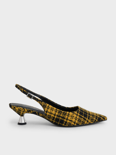 Charles & Keith Checkered Spool Heel Slingback Pumps In Yellow