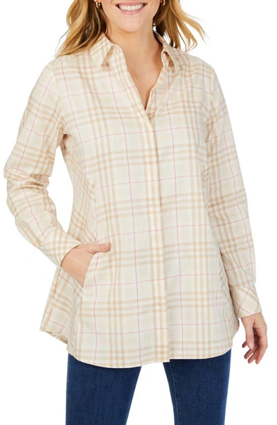 Foxcroft Cici Plaid Cotton Button-up Tunic Shirt In Birch Wood