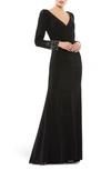 MAC DUGGAL BEADED CUFF LONG SLEEVE WRAP FRONT GOWN