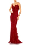MAC DUGGAL SEQUIN FLORAL PLUNGE NECK SHEATH GOWN