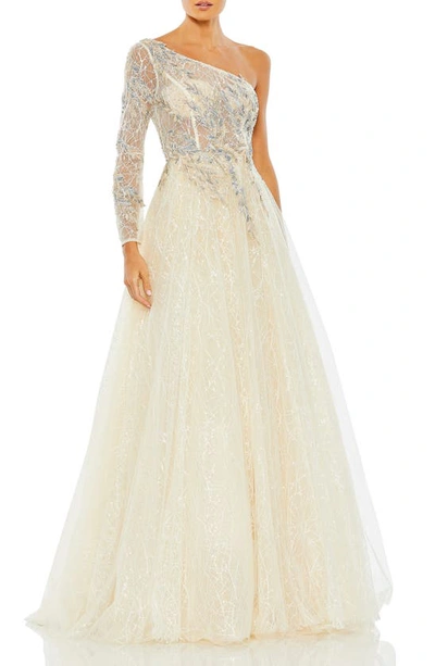 Mac Duggal Embroidered One Shoulder Bodice Ballgown In Champagne