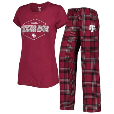 Concepts Sport Women's  Maroon, Black Texas A&m Aggies Badge T-shirt And Flannel Pants Sleep Set In Maroon,black
