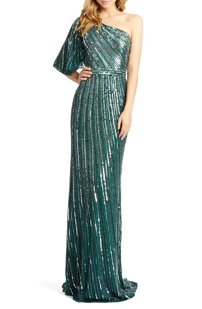 Mac Duggal Vertical Stripe One-shoulder Dress In Iridescent Green