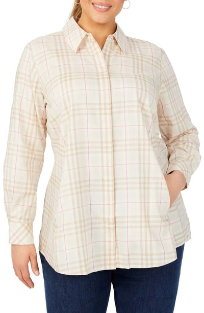 Foxcroft Cici Plaid Cotton Button-up Tunic Shirt In Birch Wood