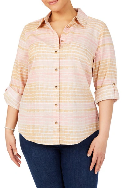 Foxcroft Zoey Tie Dye Cotton Button-up Blouse In Pink Whisper