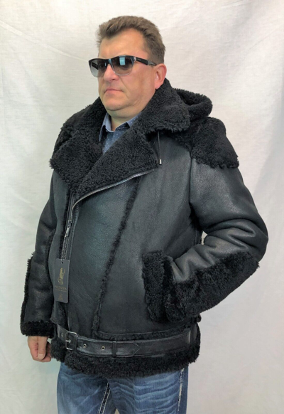 Pre-owned Victoria 100% Real Sheepskin Shearling Leather Bomber B3 Pilot Coat Jacket S-8xl, Black