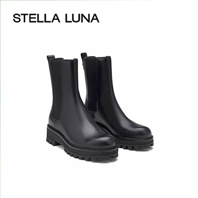 Stella Luna 女鞋2022秋季新款短靴小金球牛皮厚底烟筒靴切尔西靴 In Black