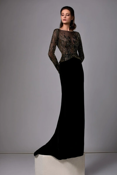 Edward Arsouni Beaded- Long Sleeve Velvet Gown In Multi