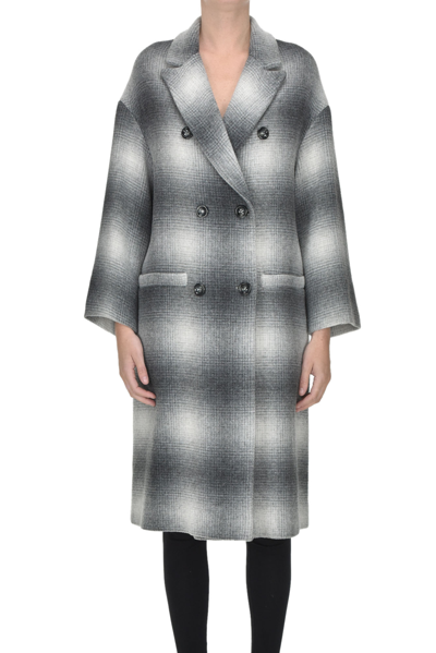 Martylo Checked Print Double Breasted Coat In Grey