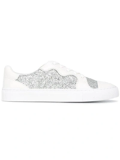 Tory Burch Milo Glitter And Leather Trainers In Silver/white